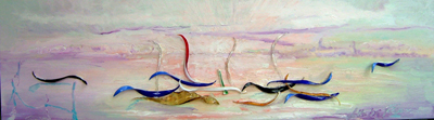 Trasparenze nellaguna di Venezia - olio su tavola con lingue di vetro di Murano misure 121,5 x 35